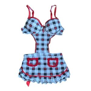 Basic Universal  French Maid Apron Tie Babydoll Plaid White,Black & Red Size M